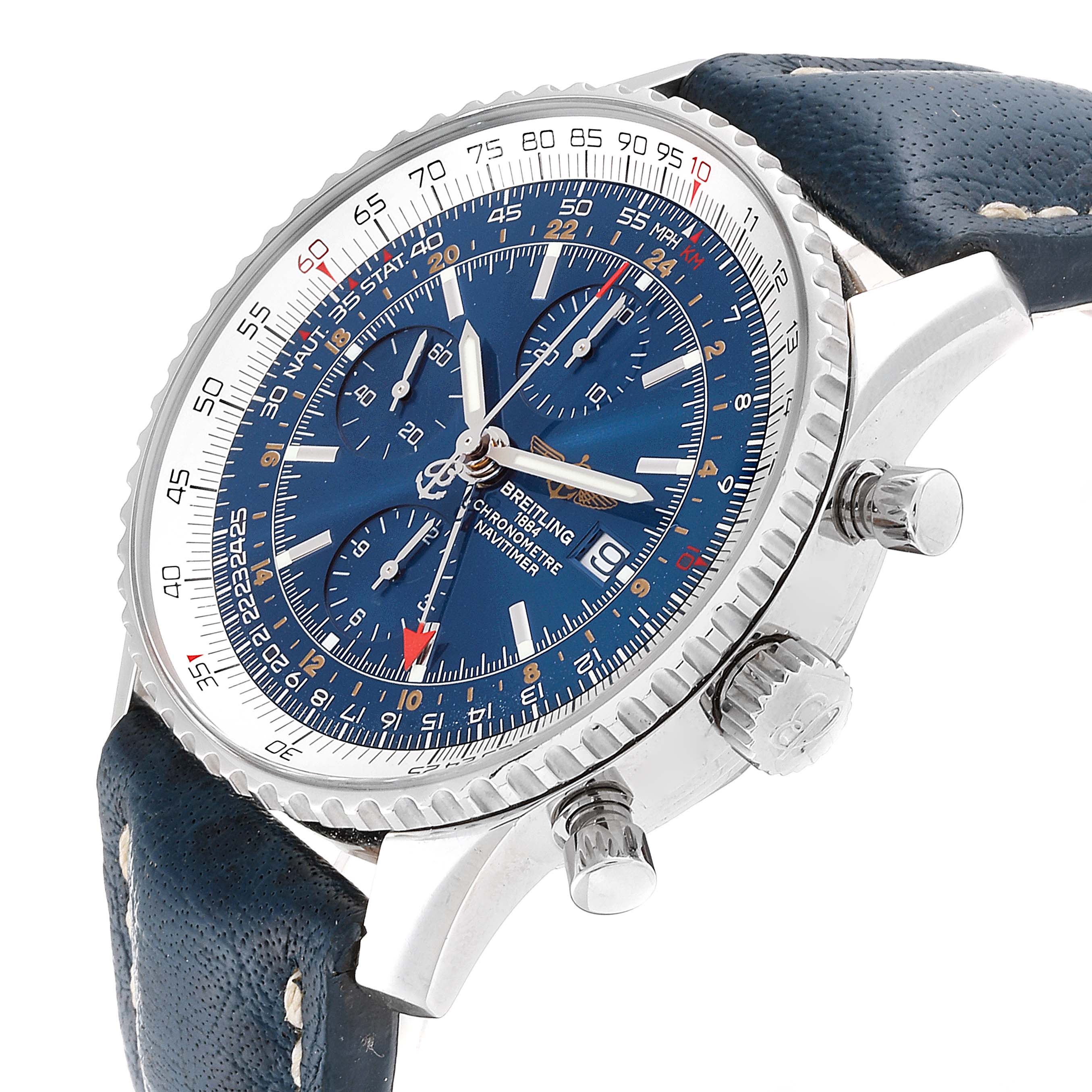 The image shows a side-angle view of a Breitling Navitimer A24322 Men's Stainless Steel Blue Dial A24322 Men's Stainless Steel Blue Dial watch, highlighting its dial, bezel, and pushers.