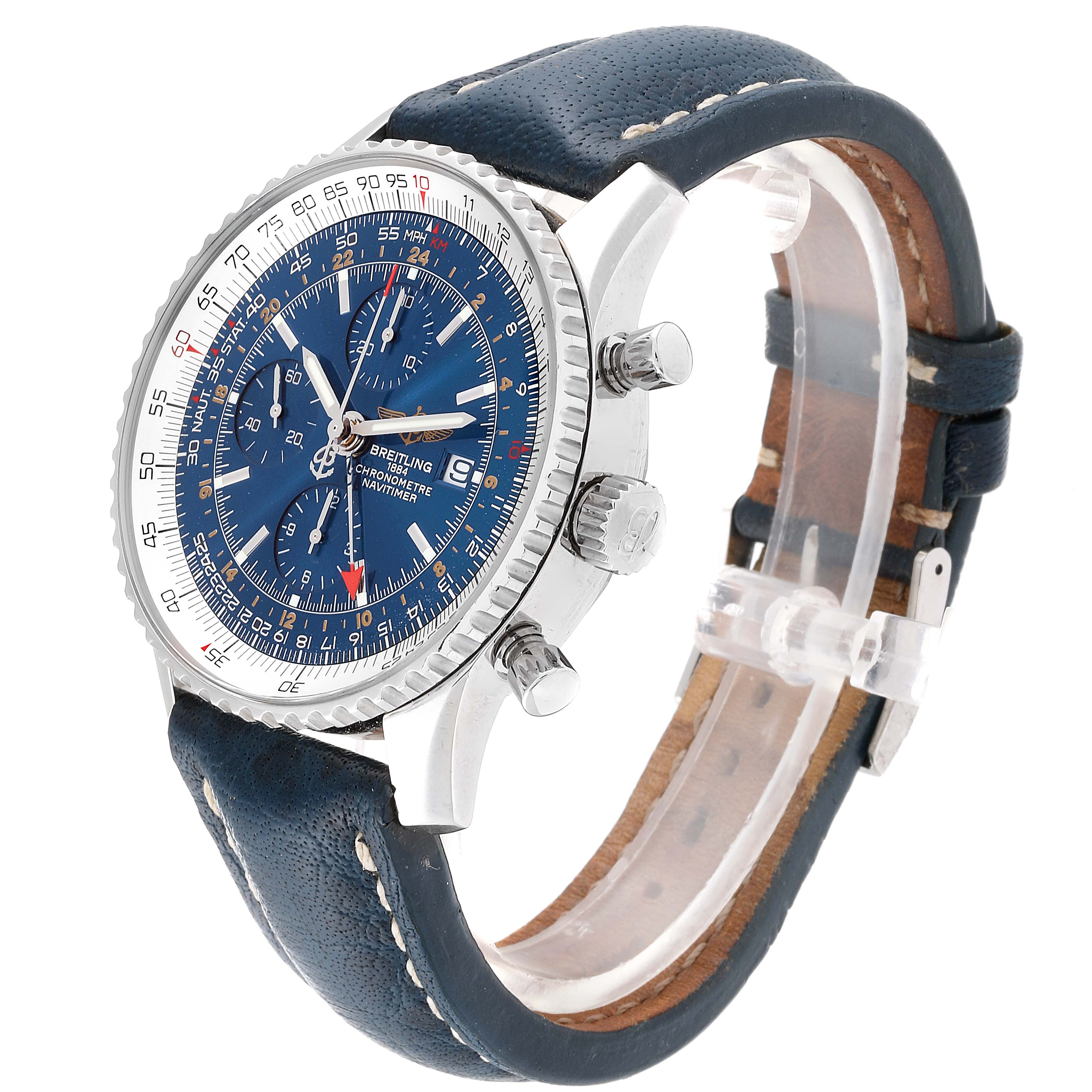 The image shows a Breitling Navitimer A24322 Men's Stainless Steel Blue Dial A24322 Men's Stainless Steel Blue Dial watch at a three-quarter angle, highlighting the case, dial, and leather strap.