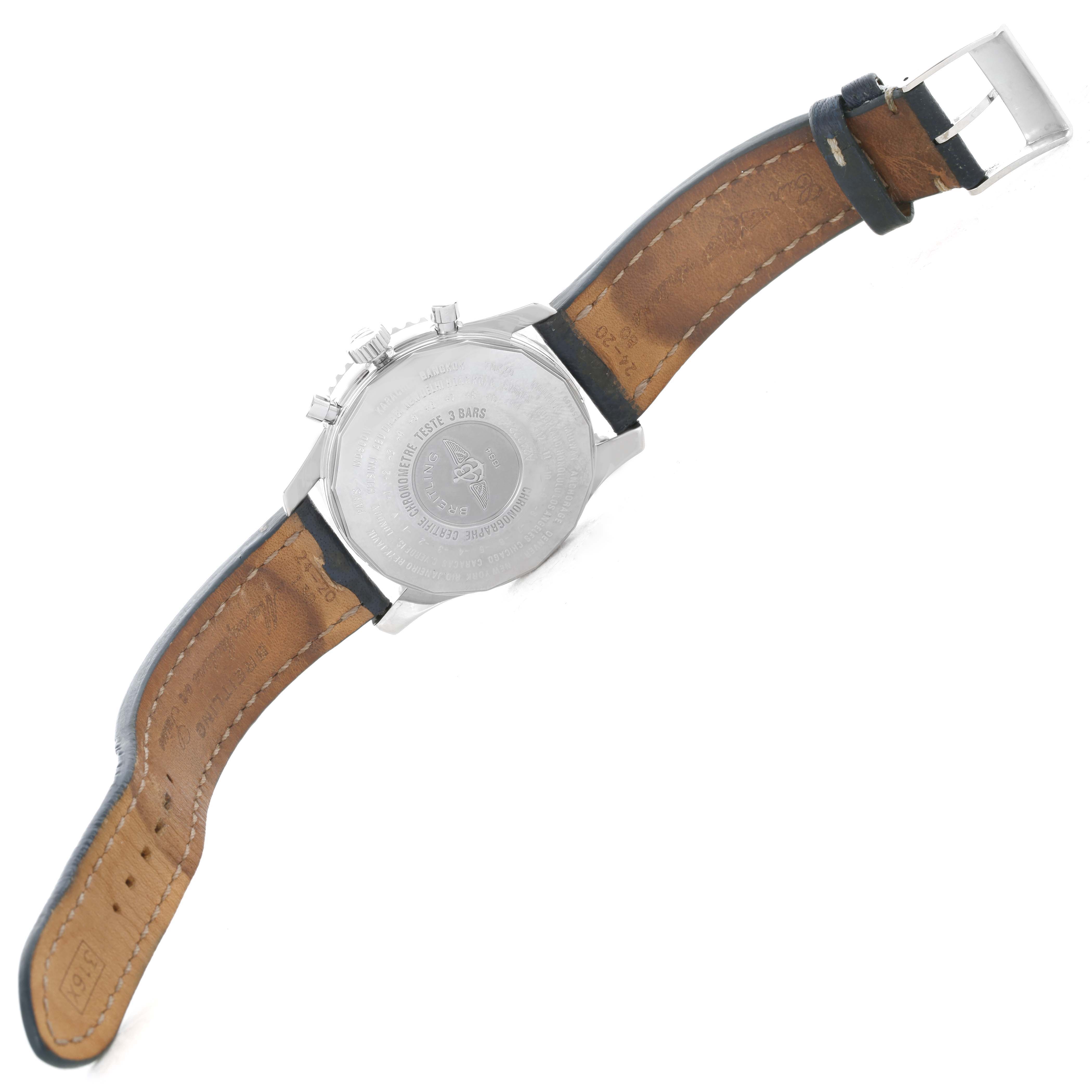 The image shows the back of a Breitling Navitimer A24322 Men's Stainless Steel Blue Dial A24322 Men's Stainless Steel Blue Dial watch, highlighting its case back, leather strap, and clasp.