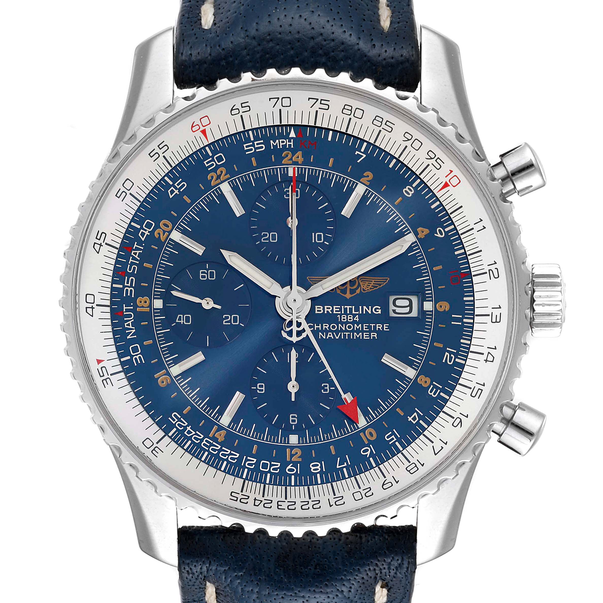 The image shows a front view of the Breitling Navitimer A24322 Men's Stainless Steel Blue Dial A24322 Men's Stainless Steel Blue Dial watch with its blue dial, bezel, and three sub-dials.