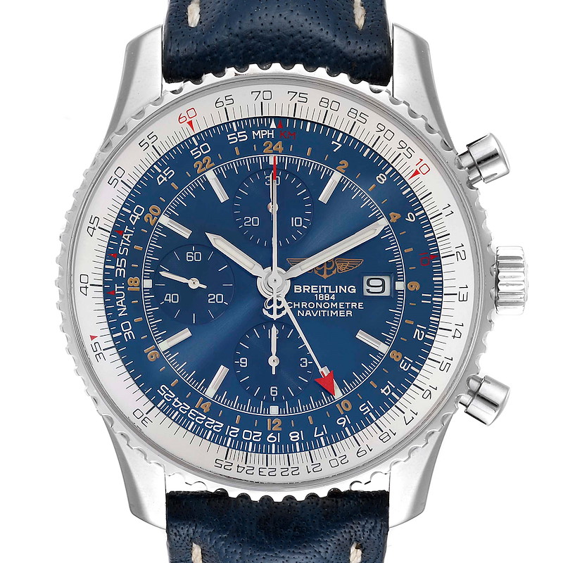 Breitling Navitimer World Chrono GMT Blue Dial Steel Watch A24322 SwissWatchExpo