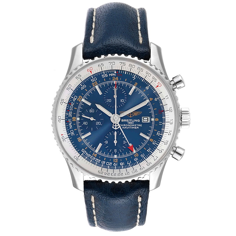 Breitling Navitimer World Chrono GMT Blue Dial Steel Watch A24322 SwissWatchExpo