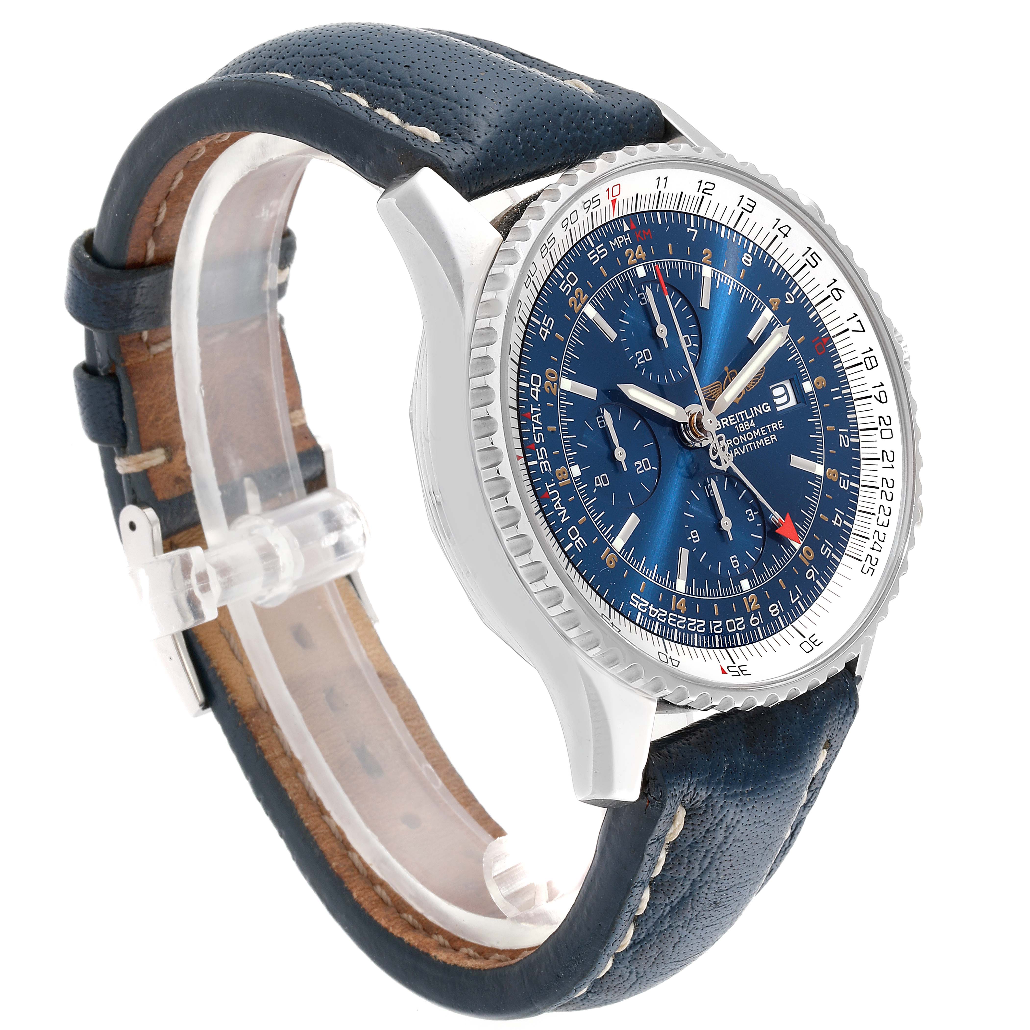 The image shows a Breitling Navitimer A24322 Men's Stainless Steel Blue Dial A24322 Men's Stainless Steel Blue Dial watch at a three-quarter angle, highlighting the blue dial, bezel, and leather strap.