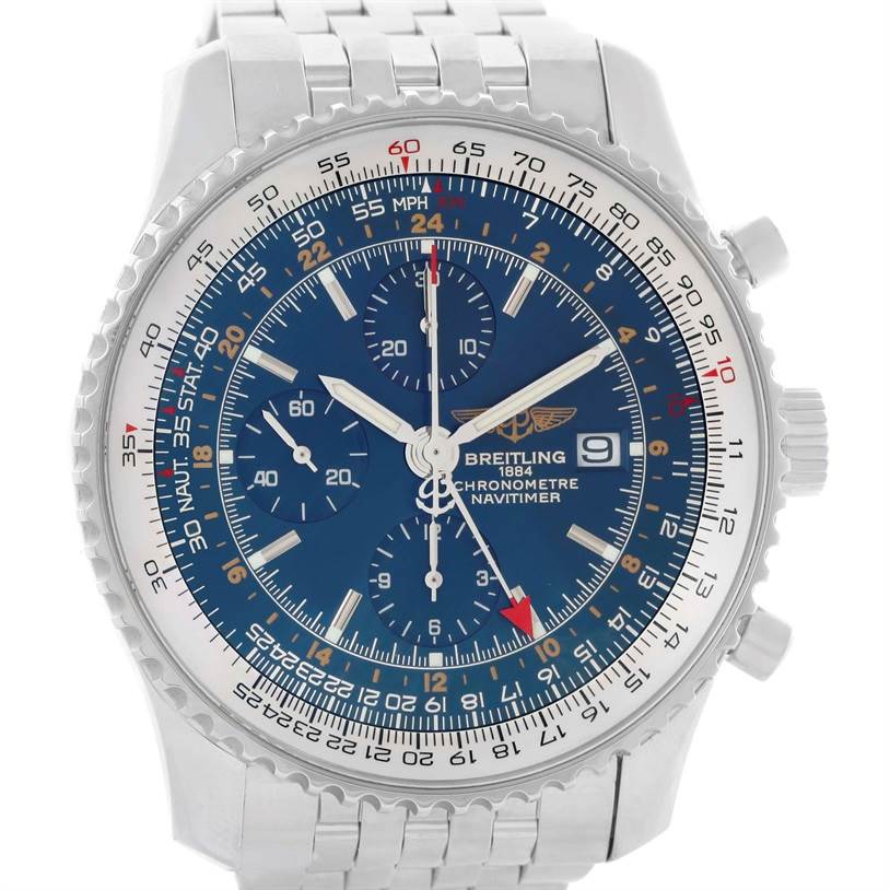 The image shows a frontal view of a Breitling Navitimer A24322 Men's Stainless Steel Blue Dial A24322 Men's Stainless Steel Blue Dial watch, highlighting the dial, bezel, and part of the metal bracelet.