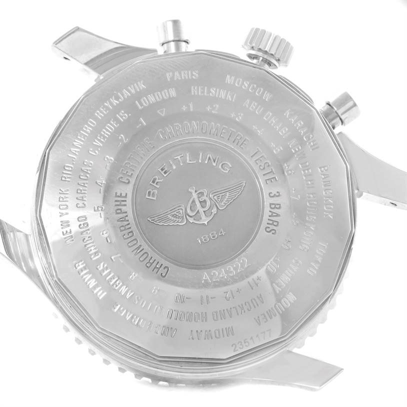 The image shows the back case of a Breitling Navitimer A24322 Men's Stainless Steel Blue Dial A24322 Men's Stainless Steel Blue Dial watch, highlighting the engravings and logos.