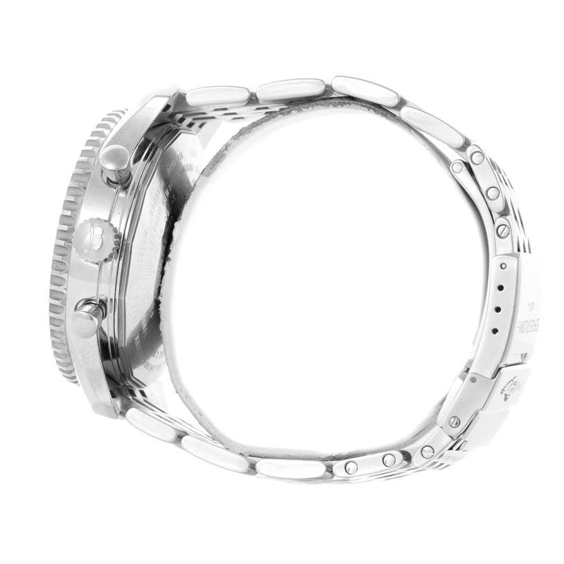 The image shows a side view of a Breitling Navitimer A24322 Men's Stainless Steel Blue Dial A24322 Men's Stainless Steel Blue Dial watch, highlighting its case, bezel, crown, pushers, and metal bracelet.