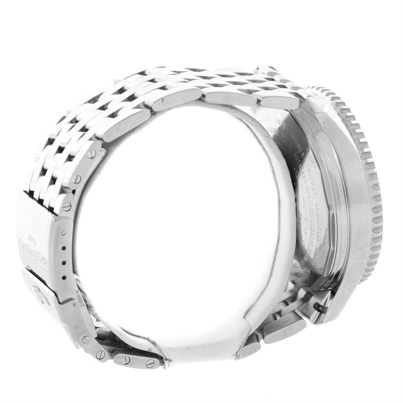 The image shows a side view of a Breitling Navitimer A24322 Men's Stainless Steel Blue Dial A24322 Men's Stainless Steel Blue Dial watch focusing on the band and case back.