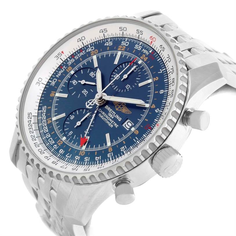 The image shows a side view of the Breitling Navitimer A24322 Men's Stainless Steel Blue Dial A24322 Men's Stainless Steel Blue Dial watch, highlighting its face, bezel, and crown.