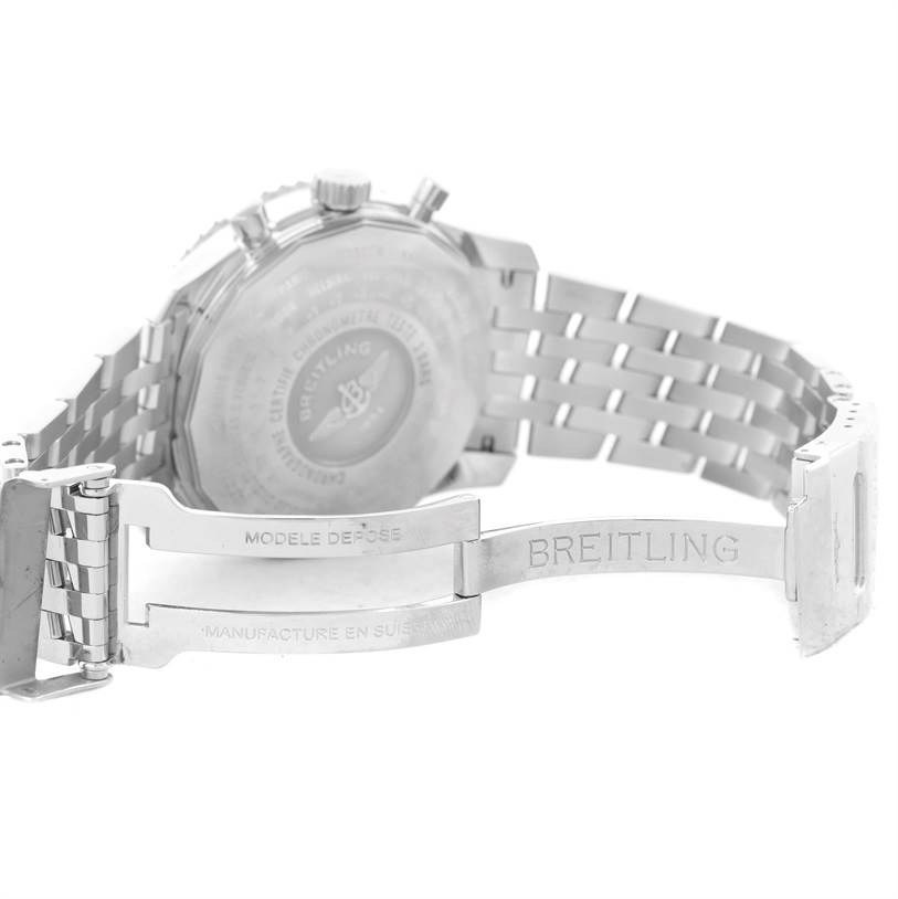 The image shows the back view of a Breitling Navitimer A24322 Men's Stainless Steel Blue Dial A24322 Men's Stainless Steel Blue Dial watch, highlighting its clasp and stainless steel bracelet.