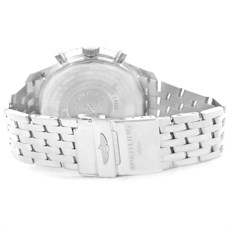 This image shows the back case and bracelet clasp of a Breitling Navitimer A24322 Men's Stainless Steel Blue Dial A24322 Men's Stainless Steel Blue Dial watch, viewed from the rear.