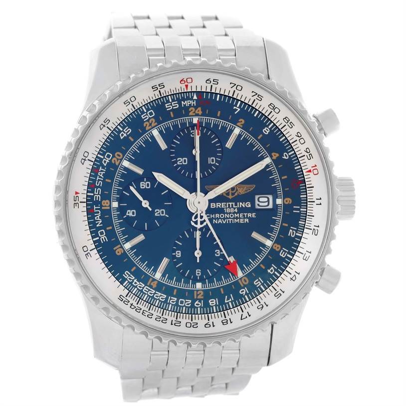The image shows a front view of a Breitling Navitimer A24322 Men's Stainless Steel Blue Dial A24322 Men's Stainless Steel Blue Dial watch displaying its blue dial, subdials, date window, and stainless steel bracelet.