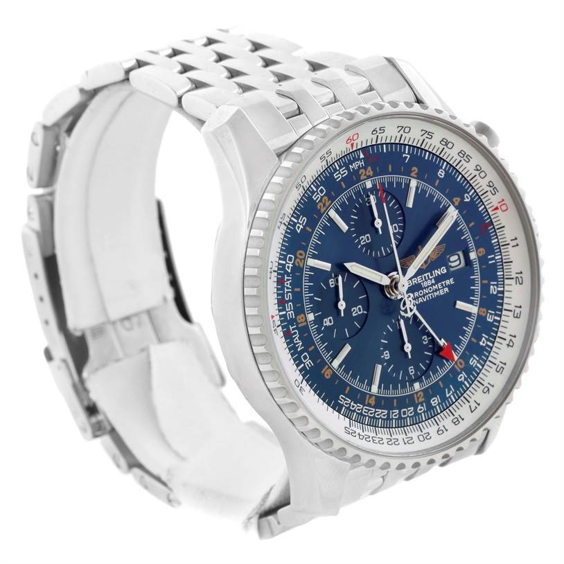 This Breitling Navitimer A24322 Men's Stainless Steel Blue Dial A24322 Men's Stainless Steel Blue Dial watch is shown at a side angle, highlighting its blue dial, silver case, and metal bracelet.