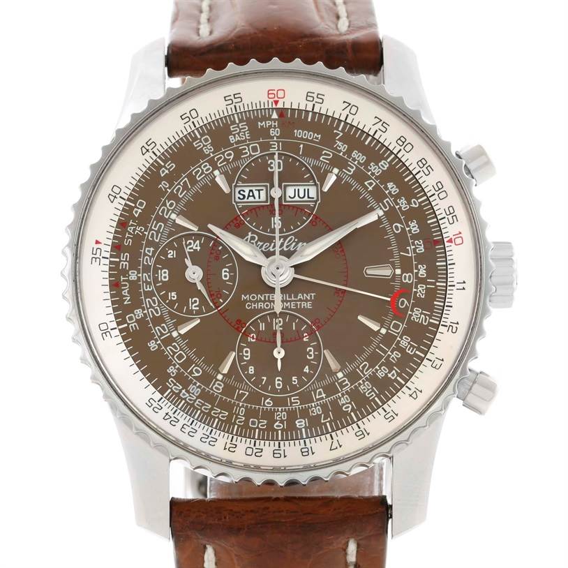 The image shows a front view of the Breitling Navitimer A21330 Men's Stainless Steel Brown Dial A21330 Men's Stainless Steel Brown Dial watch, highlighting its dial, subdials, and leather strap.
