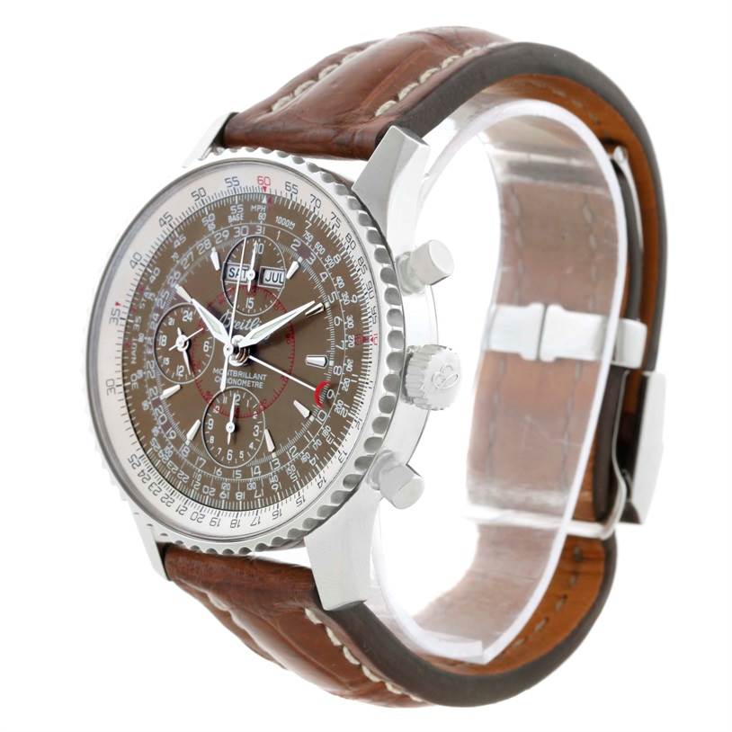 The image shows a Breitling Navitimer A21330 Men's Stainless Steel Brown Dial A21330 Men's Stainless Steel Brown Dial watch from a side angle, displaying the dial, bezel, crown, pushers, and leather strap.