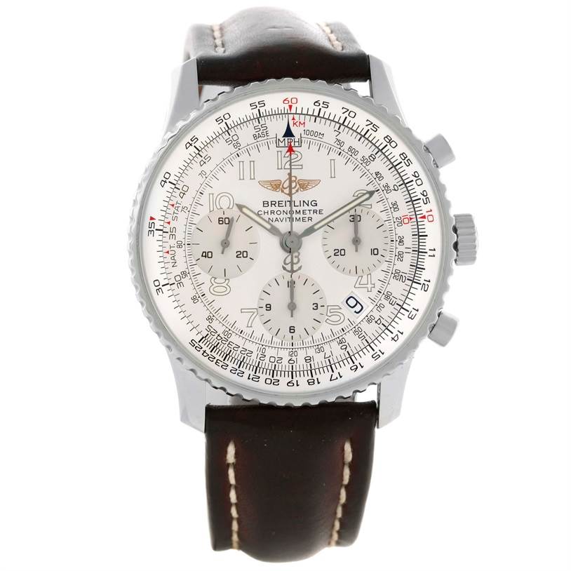 This image shows a front view of the Breitling Navitimer A23322 Men's Stainless Steel Silver Dial A23322 Men's Stainless Steel Silver Dial watch, highlighting its face, bezel, and leather strap.