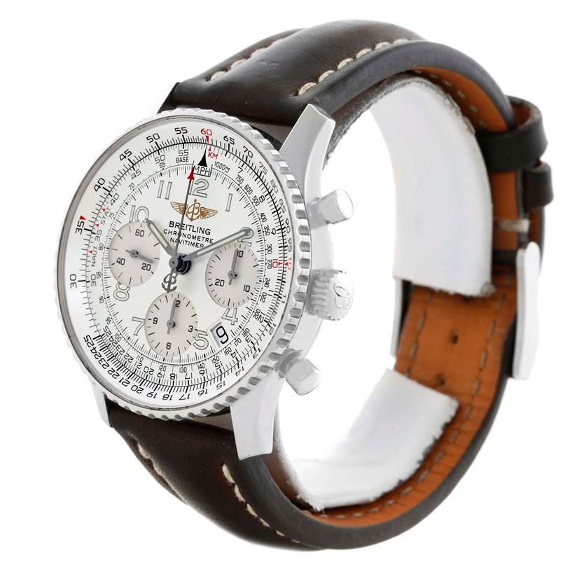 This image shows a Breitling Navitimer A23322 Men's Stainless Steel Silver Dial A23322 Men's Stainless Steel Silver Dial watch at a three-quarter angle, highlighting the face, crown, and leather strap.