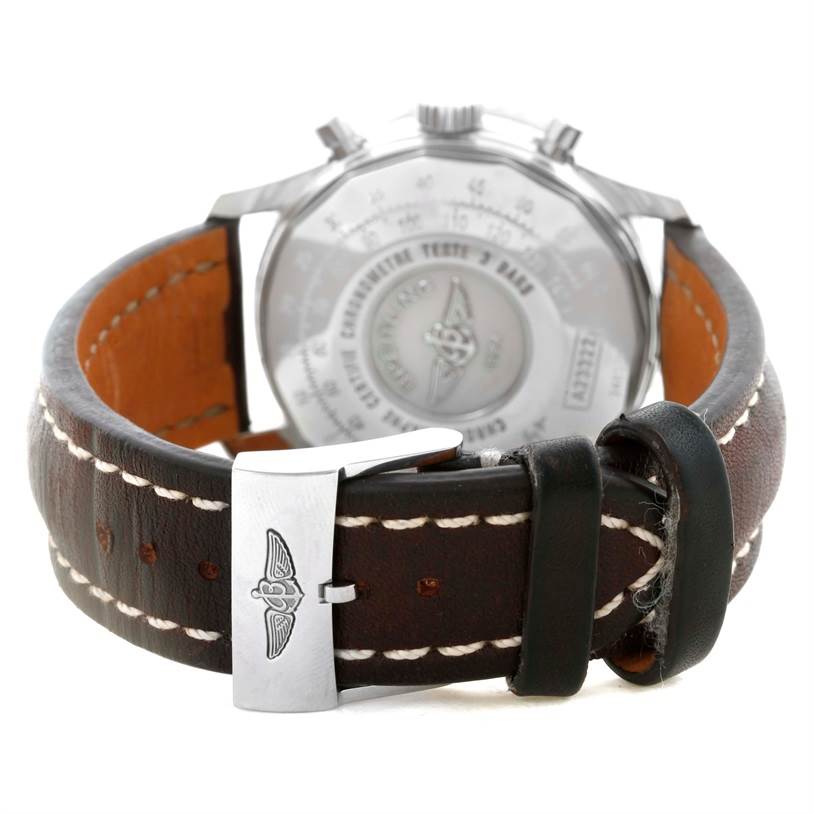 The image shows the back of a Breitling Navitimer A23322 Men's Stainless Steel Silver Dial A23322 Men's Stainless Steel Silver Dial watch, focusing on the clasp and leather strap.