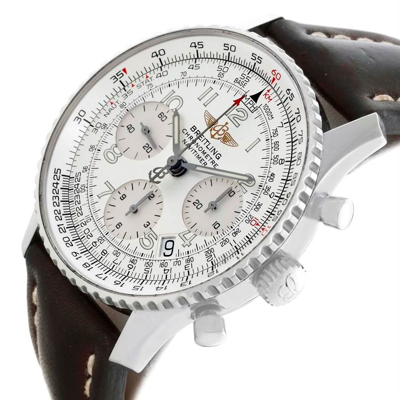 This image shows a Breitling Navitimer A23322 Men's Stainless Steel Silver Dial A23322 Men's Stainless Steel Silver Dial watch at a slight angle, featuring its face, bezel, and part of the strap.