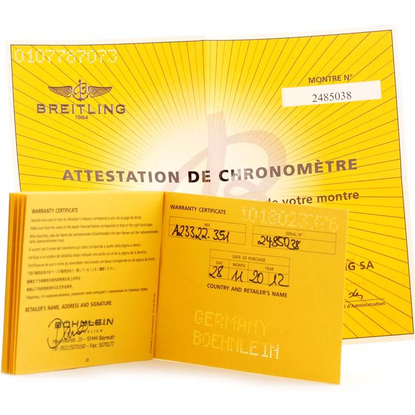 The image shows the warranty certificate and chronometer attestation for a Breitling Navitimer A23322 Men's Stainless Steel Silver Dial A23322 Men's Stainless Steel Silver Dial.