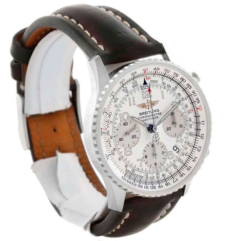 The Breitling Navitimer A23322 Men's Stainless Steel Silver Dial A23322 Men's Stainless Steel Silver Dial watch is shown at a slight angled view, displaying its face, bezel, and brown leather strap.