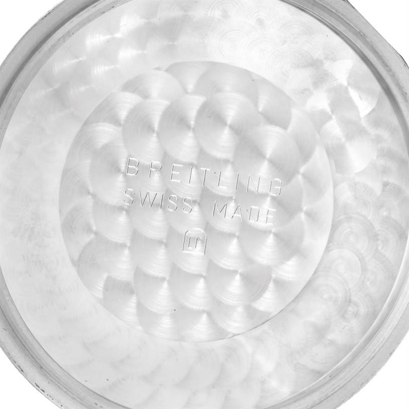 The image shows the inside of the case back of a Breitling Navitimer A23322 Men's Stainless Steel Silver Dial A23322 Men's Stainless Steel Silver Dial watch with the "Breitling Swiss Made" inscription.