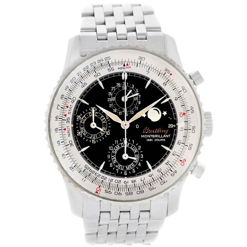 This image shows a front view of the Breitling Navitimer A19030 Men
s Stainless Steel Black Dial A19030 Men
s Stainless Steel Black Dial watch, displaying its dial, bezel, and metal bracelet.