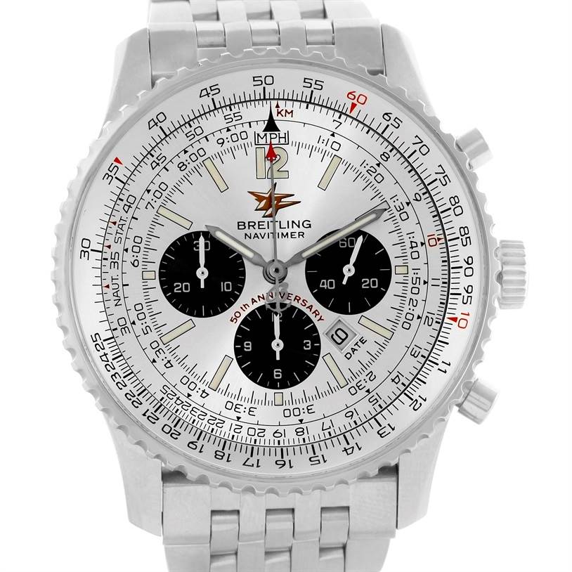 This image shows a front view of the Breitling Navitimer A41322 Men's Stainless Steel Silver Dial A41322 Men's Stainless Steel Silver Dial watch, highlighting the dial, subdials, bezel, and bracelet.