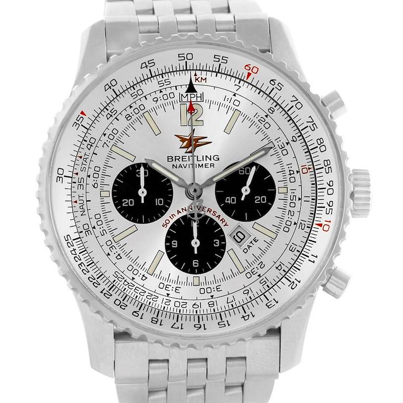 This image shows a front view of the Breitling Navitimer watch, highlighting the dial, subdials, bezel, and bracelet.