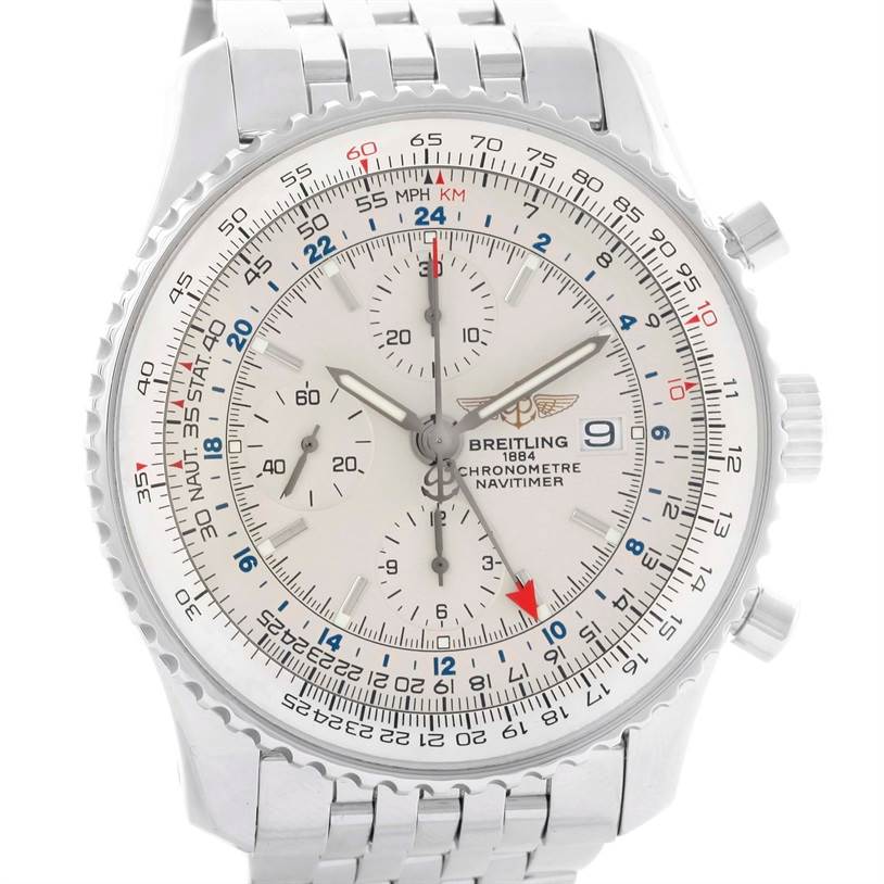 This image shows a frontal view of a Breitling Navitimer A24322 Men's Stainless Steel Silver Dial A24322 Men's Stainless Steel Silver Dial watch, displaying its intricate dial, bezel, and part of the bracelet.