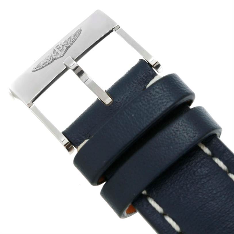 This image shows a close-up of the buckle and leather strap of a Breitling Navitimer A13022 Men's Stainless Steel Blue Dial A13022 Men's Stainless Steel Blue Dial watch.