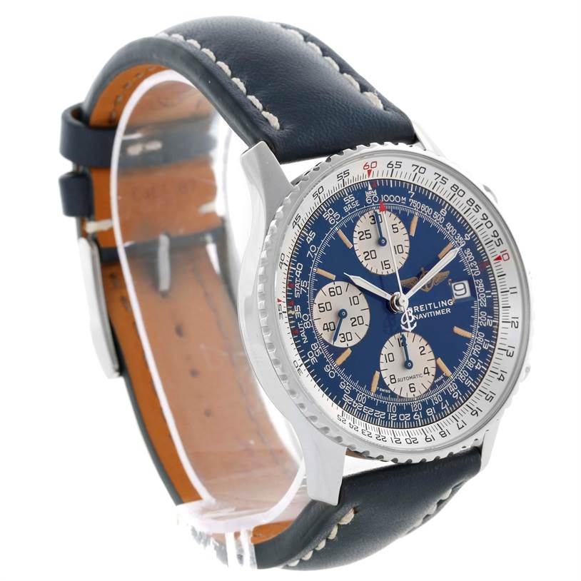 The Breitling Navitimer A13022 Men's Stainless Steel Blue Dial A13022 Men's Stainless Steel Blue Dial watch is shown at a three-quarter angle displaying its face, bezel, and leather strap.