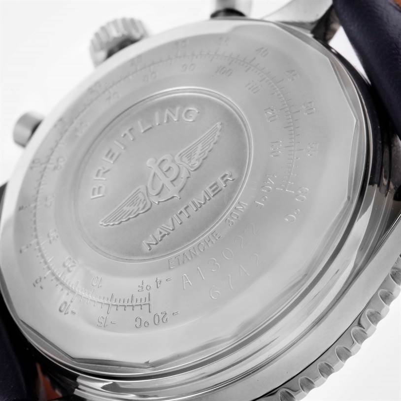 The image shows the back case of a Breitling Navitimer A13022 Men's Stainless Steel Blue Dial A13022 Men's Stainless Steel Blue Dial watch, highlighting the brand's engraved logo and model details.