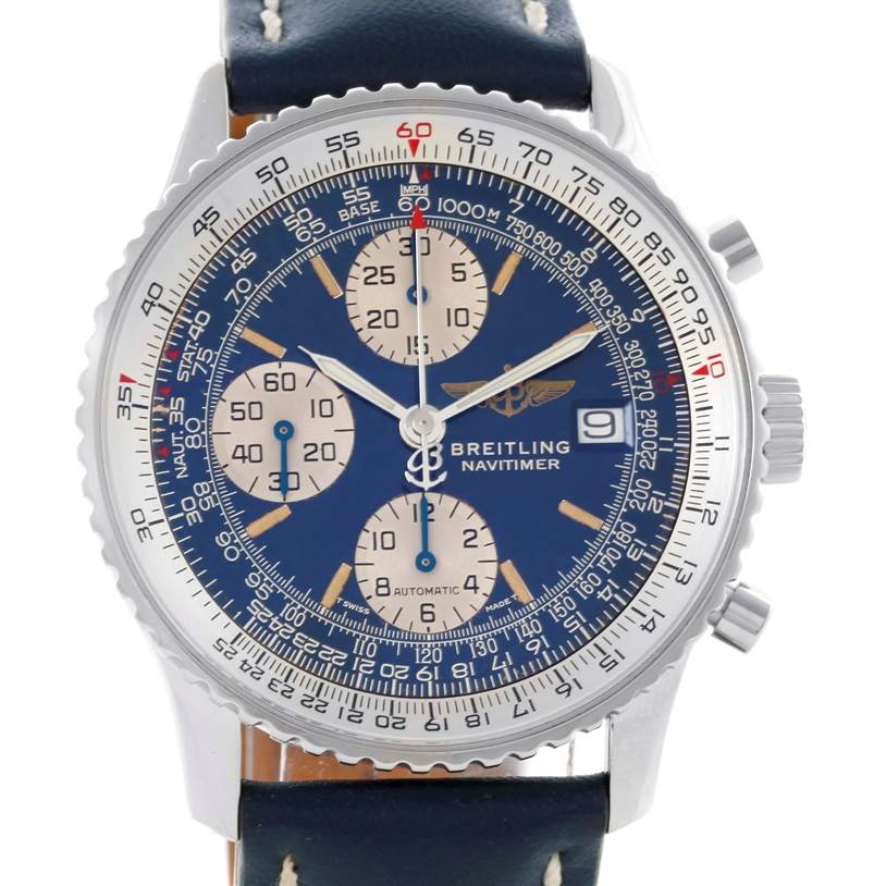 The Breitling Navitimer A13022 Men's Stainless Steel Blue Dial A13022 Men's Stainless Steel Blue Dial watch is shown from the front, highlighting the dial, hands, sub-dials, bezel, and part of the strap.