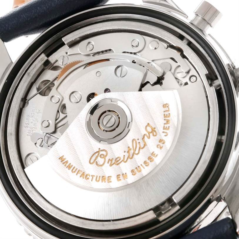 The image shows the inner mechanics of a Breitling Navitimer A13022 Men's Stainless Steel Blue Dial A13022 Men's Stainless Steel Blue Dial watch, including the rotor and movement components.