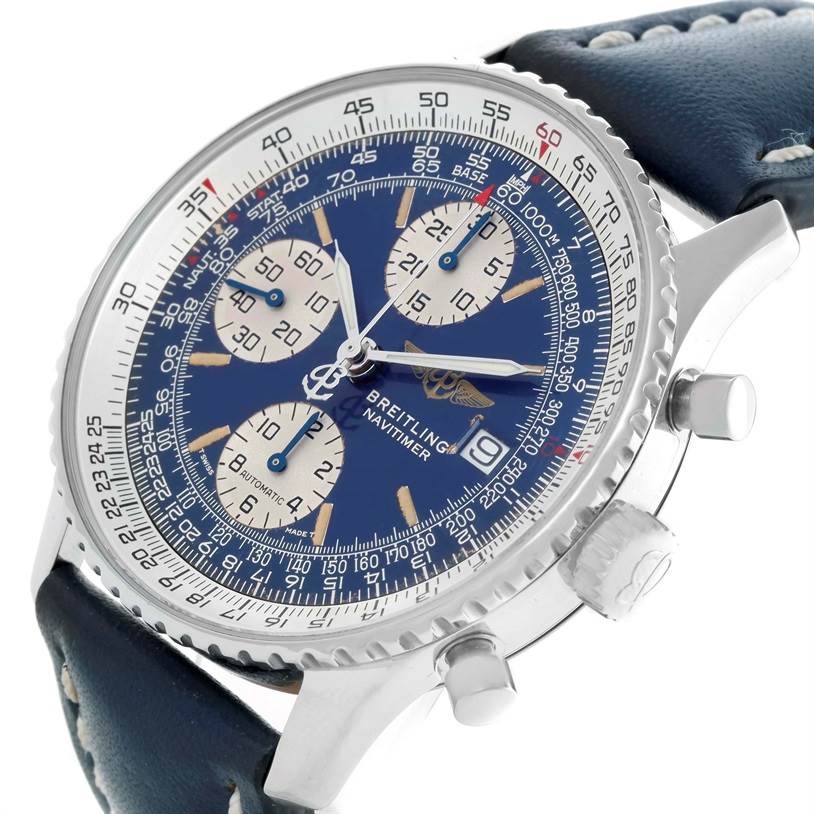This image shows a close-up angled view of the Breitling Navitimer A13022 Men's Stainless Steel Blue Dial A13022 Men's Stainless Steel Blue Dial watch, highlighting the face, dial, crown, and pushers.