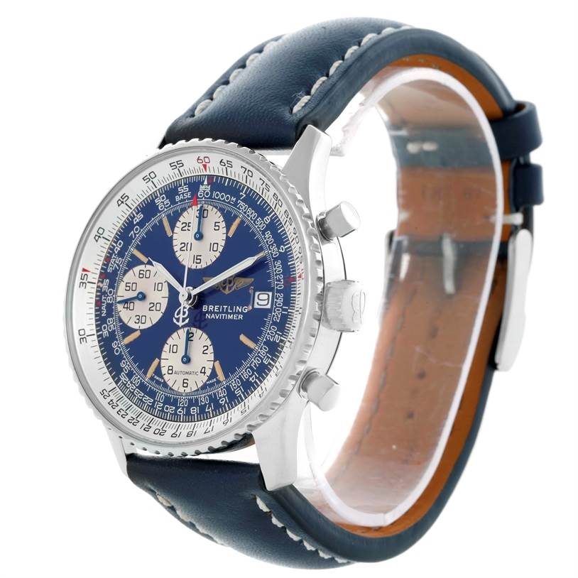 The image shows a Breitling Navitimer A13022 Men's Stainless Steel Blue Dial A13022 Men's Stainless Steel Blue Dial watch from a front-side angle, highlighting the dial, bezel, pushers, crown, and leather strap.