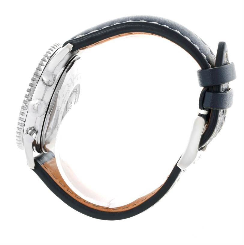 This side view of the Breitling Navitimer A13022 Men's Stainless Steel Blue Dial A13022 Men's Stainless Steel Blue Dial model shows the bezel, crown, pushers, and leather strap.