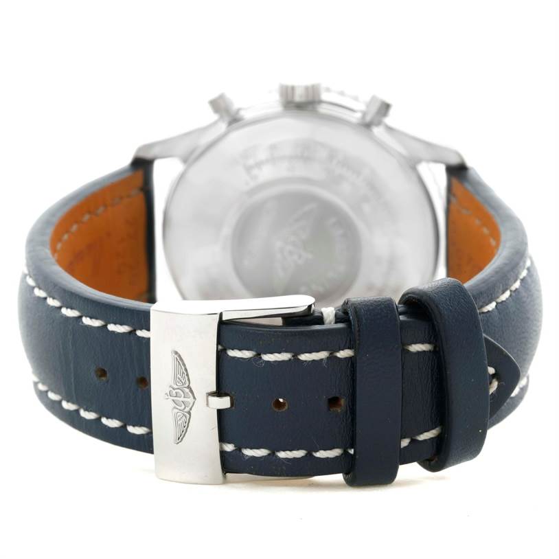 The image shows the back view of a Breitling Navitimer A13022 Men's Stainless Steel Blue Dial A13022 Men's Stainless Steel Blue Dial watch, focusing on its blue leather strap and clasp.