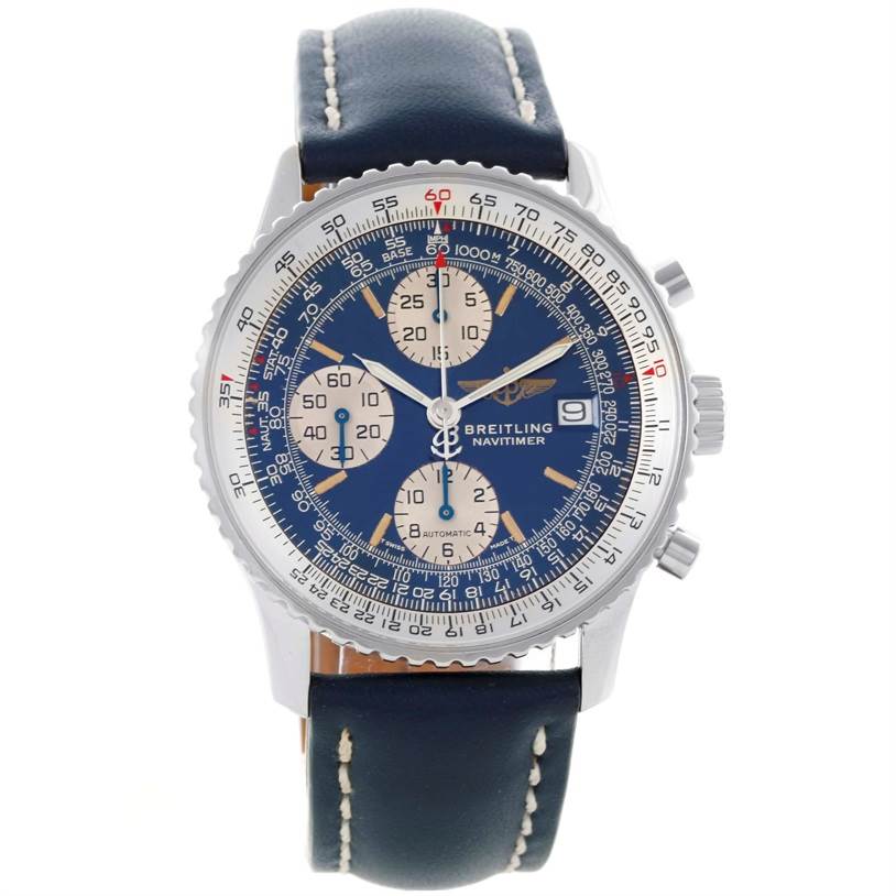 The image shows a front view of a Breitling Navitimer A13022 Men's Stainless Steel Blue Dial A13022 Men's Stainless Steel Blue Dial watch, featuring a blue dial, chronograph subdials, and a leather strap.