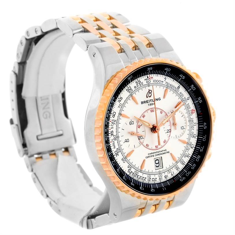 The image shows a Breitling Navitimer C23340 Men
s Steel and Gold (two tone) Silver Dial C23340 Men
s Steel and Gold (two tone) Silver Dial watch at an angle, highlighting the dial, bezel, and a portion of the bracelet.