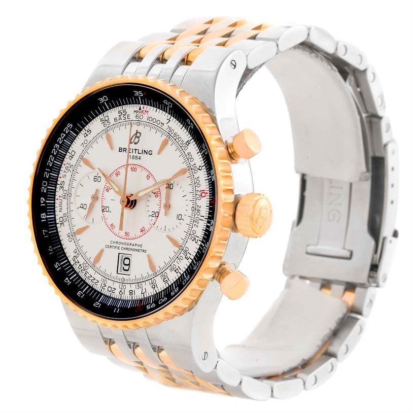 The image shows a three-quarter angle of a Breitling Navitimer C23340 Men
s Steel and Gold (two tone) Silver Dial C23340 Men
s Steel and Gold (two tone) Silver Dial watch, highlighting its face, bezel, and bracelet.