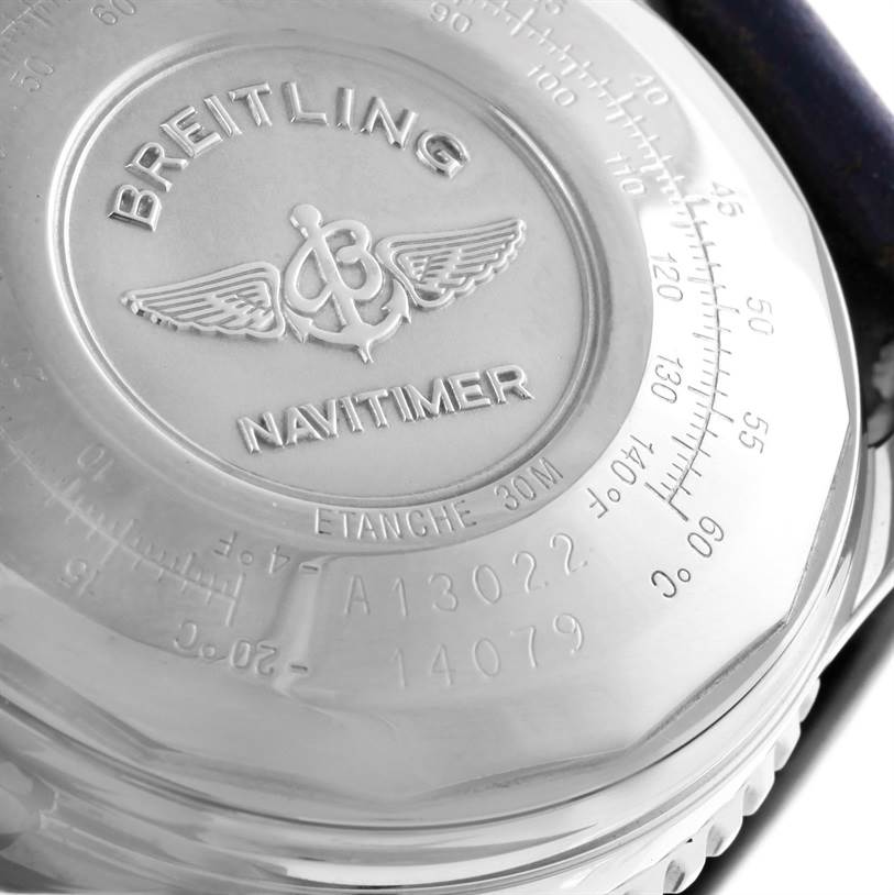 The image shows the back case of a Breitling Navitimer A13022 Men's Stainless Steel Blue Dial A13022 Men's Stainless Steel Blue Dial watch, highlighting its engraved logo and model details.