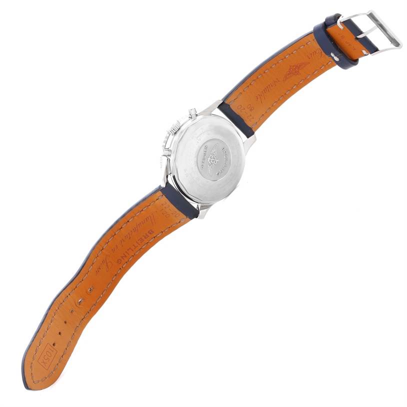 This image shows the back case and the inner leather strap of a Breitling Navitimer A13022 Men's Stainless Steel Blue Dial A13022 Men's Stainless Steel Blue Dial watch.