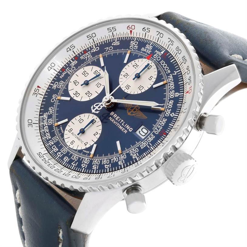 This image shows a side angle of the Breitling Navitimer A13022 Men's Stainless Steel Blue Dial A13022 Men's Stainless Steel Blue Dial watch, highlighting its blue dial, chronograph subdials, and leather strap.