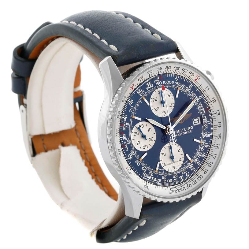 The image shows a Breitling Navitimer A13022 Men's Stainless Steel Blue Dial A13022 Men's Stainless Steel Blue Dial watch at a three-quarter angle, highlighting its dial, sub-dials, bezel, and leather strap.