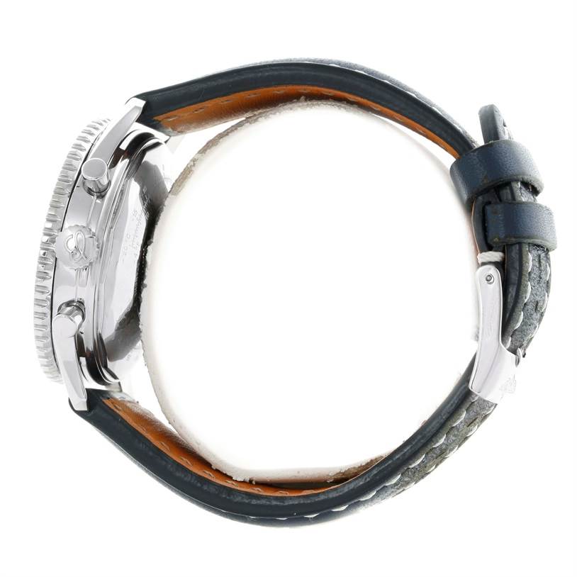 The image shows a side profile of a Breitling Navitimer A13022 Men's Stainless Steel Blue Dial A13022 Men's Stainless Steel Blue Dial watch, highlighting the crown, pushers, and leather strap with clasp.