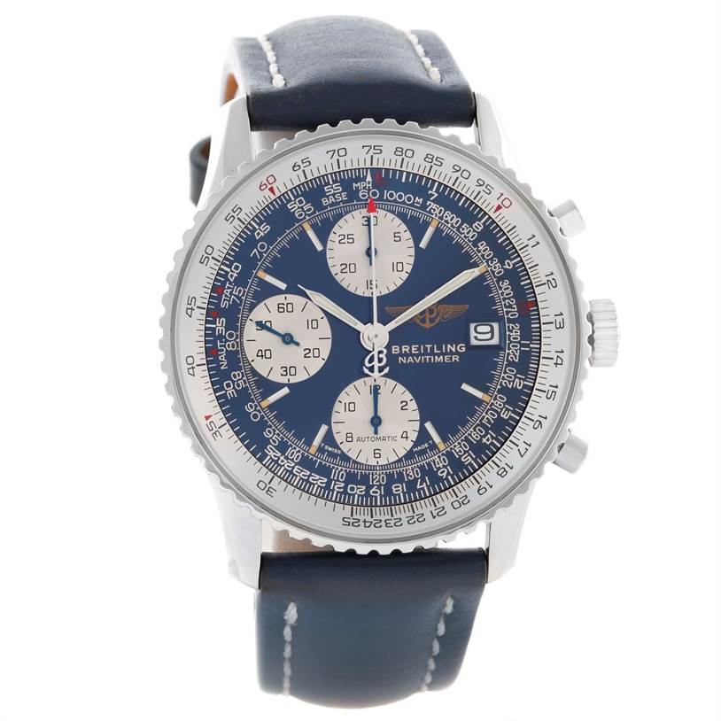 This image shows the front of a Breitling Navitimer A13022 Men's Stainless Steel Blue Dial A13022 Men's Stainless Steel Blue Dial watch, highlighting its blue dial, chronograph features, and leather strap.