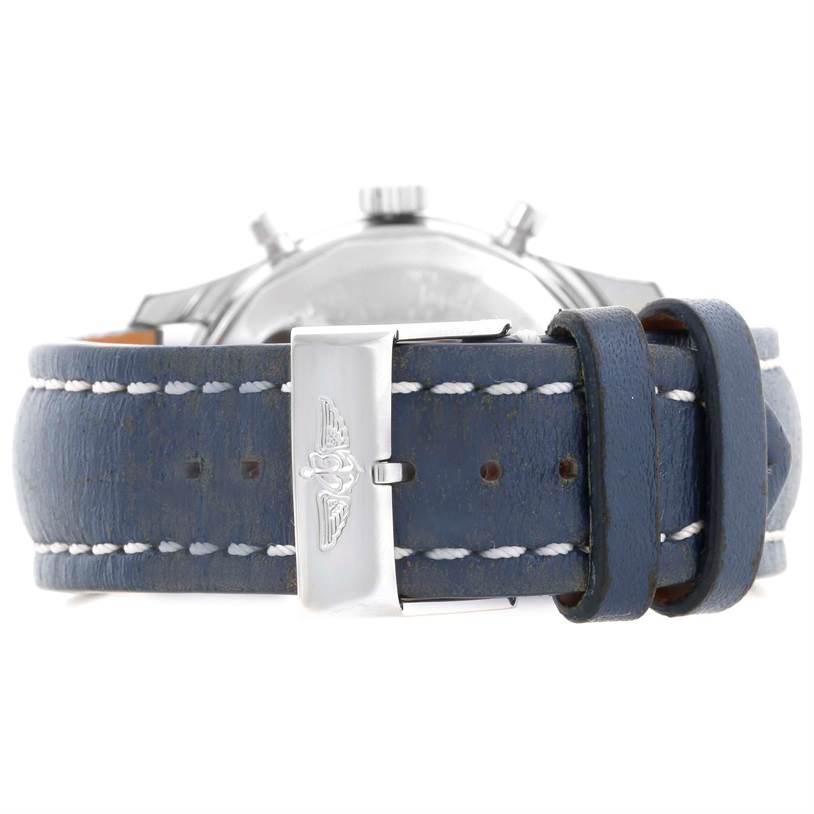 This image shows a rear view of a Breitling Navitimer A13022 Men's Stainless Steel Blue Dial A13022 Men's Stainless Steel Blue Dial watch, focusing on the leather strap and clasp.