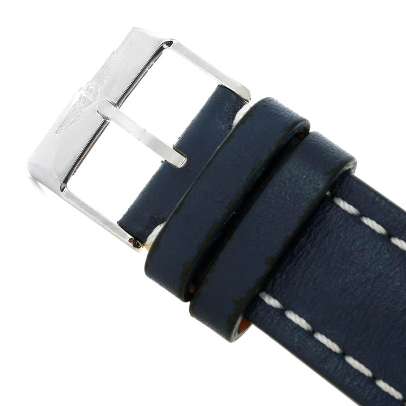 The image shows a close-up of the leather strap and buckle of a Breitling Navitimer A13022 Men's Stainless Steel Blue Dial A13022 Men's Stainless Steel Blue Dial watch.