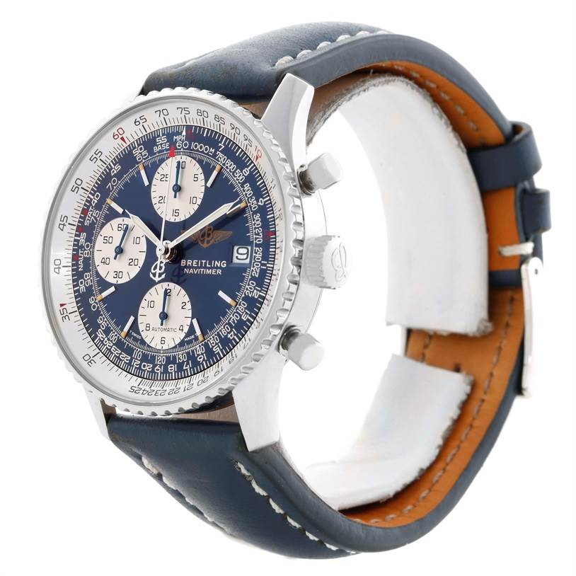 The Breitling Navitimer A13022 Men's Stainless Steel Blue Dial A13022 Men's Stainless Steel Blue Dial watch is shown from a three-quarter angle, highlighting the face, crown, pushers, and leather strap.